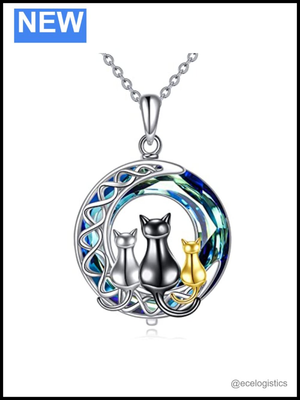 Sterling Silver Cat on Moon Pendant Necklace 18 Inch Celtic Irish